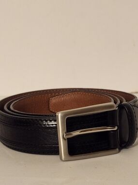 Johnston And Murphy Black Leather Belt with Silver Buckle